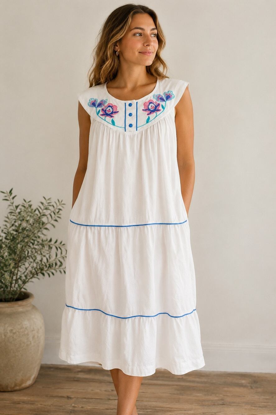 Vintage 70s DANAE Embroidered Floral Tiered Dress USA Boho Prairie Folk White